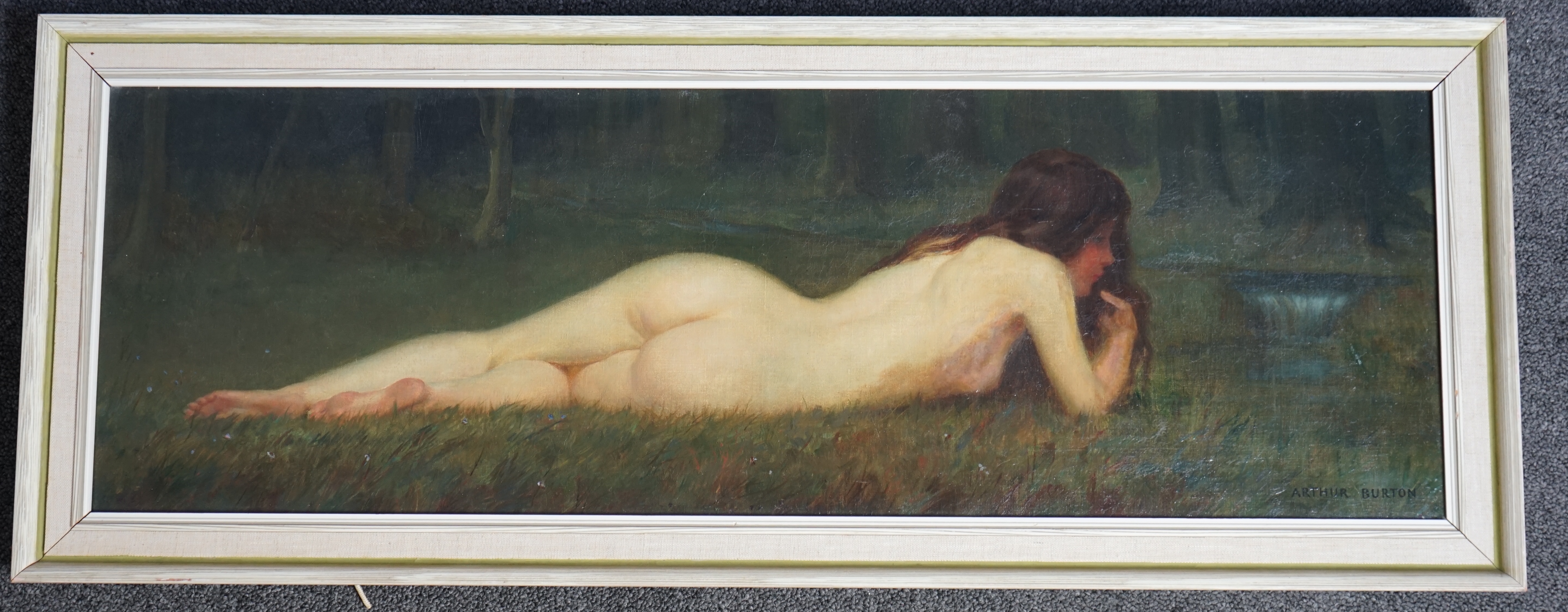 Arthur Burton (English, fl.1894-1907), Reclining nymph, oil on canvas, 24 x 75cm